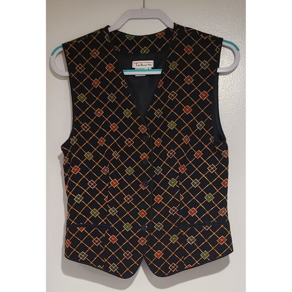 Vintage Talbots Womens Silk Plaid Medallion Suit Vest Navy Blue Green Red Size 4 - Picture 2 of 7
